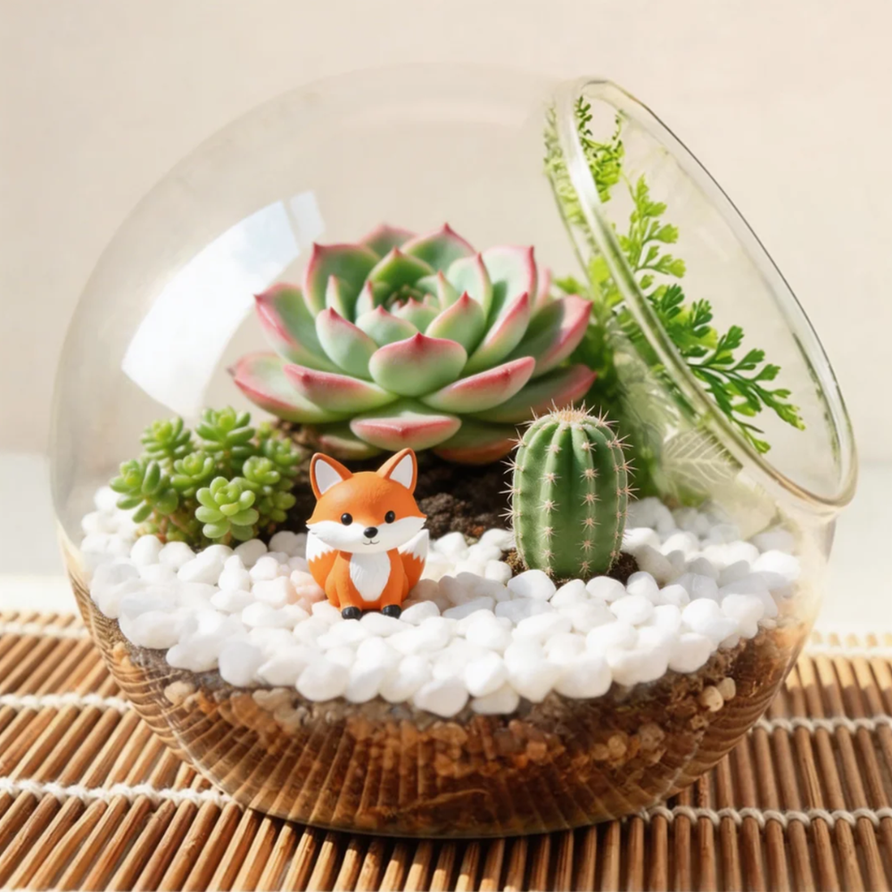 Mini Glass Terrarium with Succulents – Cute Fox Desktop Garden, Aesthetic Home & Office Decor, Unique Gift Idea