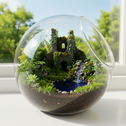 Forest Castle Terrarium Globe | Mini Ruins Ecosystem | Luxury Desktop Art Decor | Unique Gift Idea | Premium Nature Display