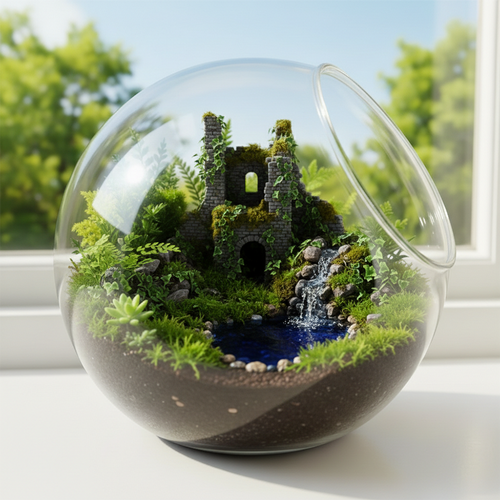 Forest Castle Terrarium Globe | Mini Ruins Ecosystem | Luxury Desktop Art Decor | Unique Gift Idea | Premium Nature Display
