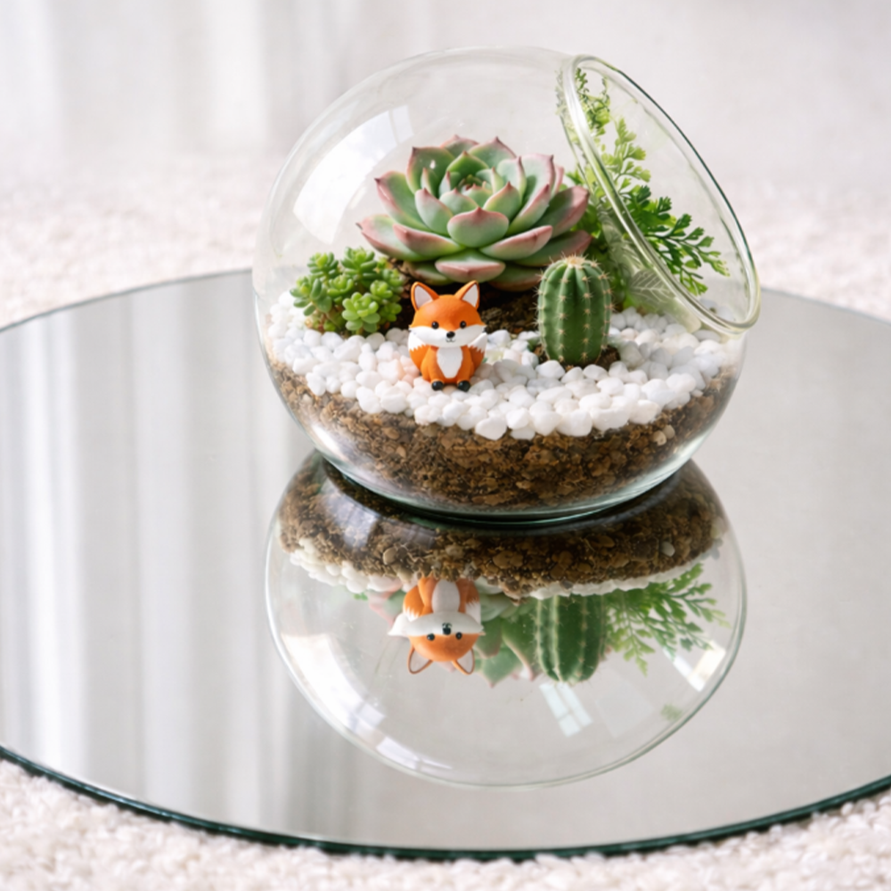 Mini Glass Terrarium with Succulents – Cute Fox Desktop Garden, Aesthetic Home & Office Decor, Unique Gift Idea