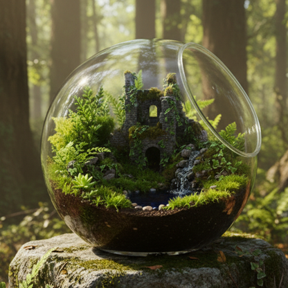 Forest Castle Terrarium Globe | Mini Ruins Ecosystem | Luxury Desktop Art Decor | Unique Gift Idea | Premium Nature Display