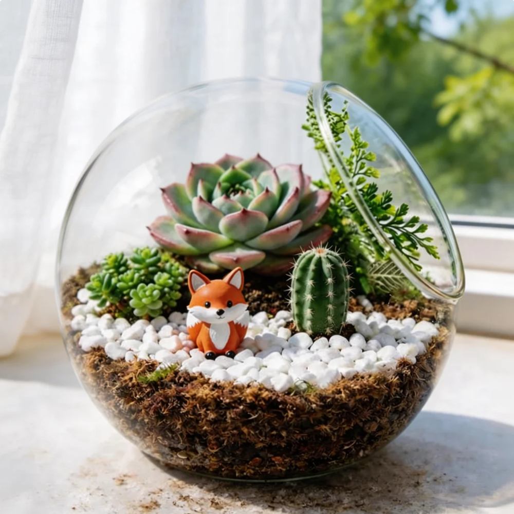 Mini Glass Terrarium with Succulents – Cute Fox Desktop Garden, Aesthetic Home & Office Decor, Unique Gift Idea