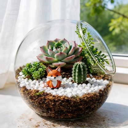 Mini Glass Terrarium with Succulents – Cute Fox Desktop Garden, Aesthetic Home & Office Decor, Unique Gift Idea