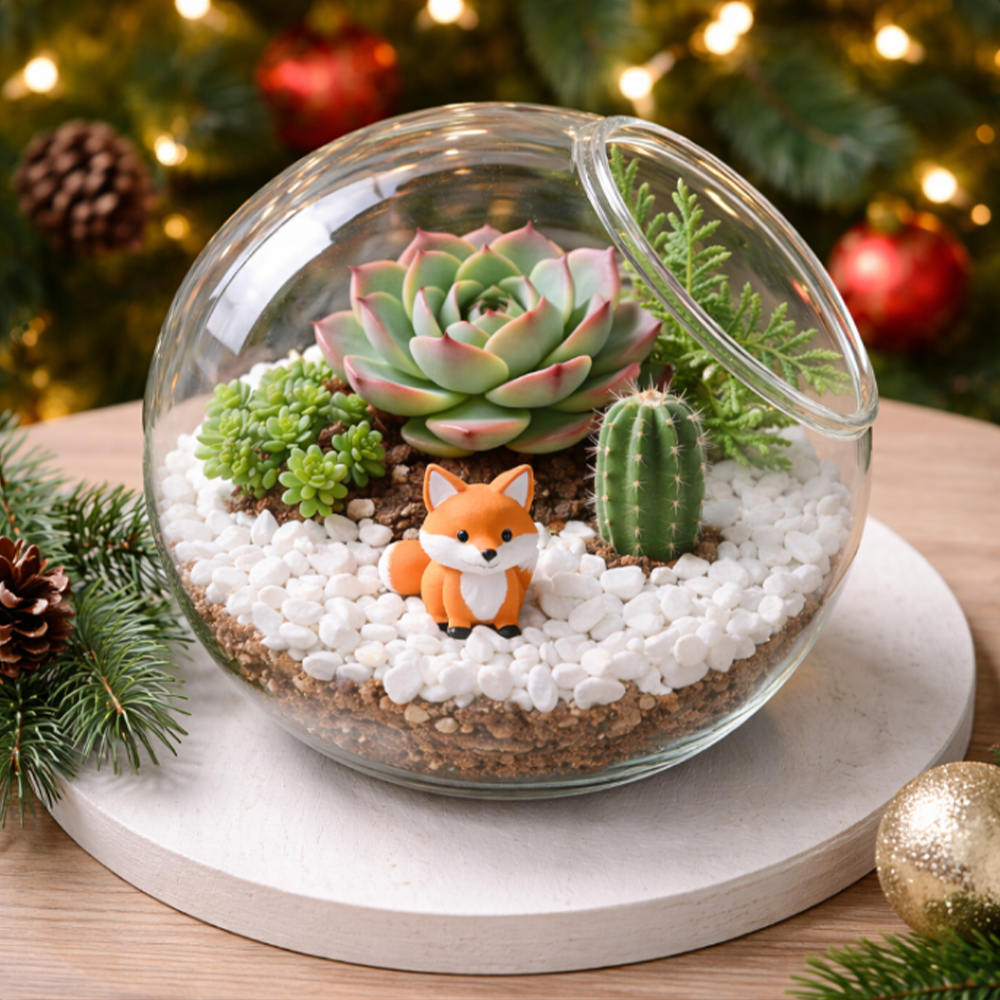 Mini Glass Terrarium with Succulents – Cute Fox Desktop Garden, Aesthetic Home & Office Decor, Unique Gift Idea
