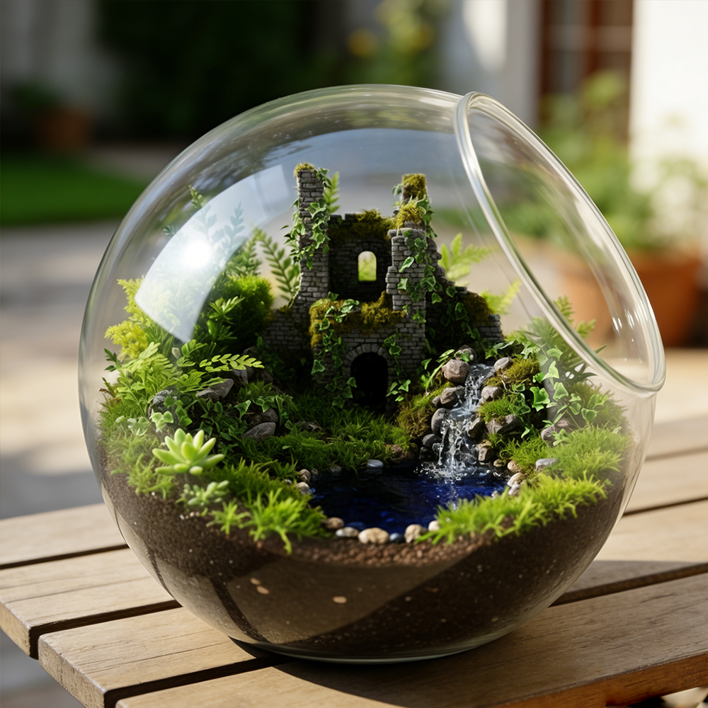 Forest Castle Terrarium Globe | Mini Ruins Ecosystem | Luxury Desktop Art Decor | Unique Gift Idea | Premium Nature Display