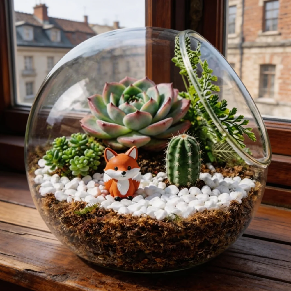 Mini Glass Terrarium with Succulents – Cute Fox Desktop Garden, Aesthetic Home & Office Decor, Unique Gift Idea