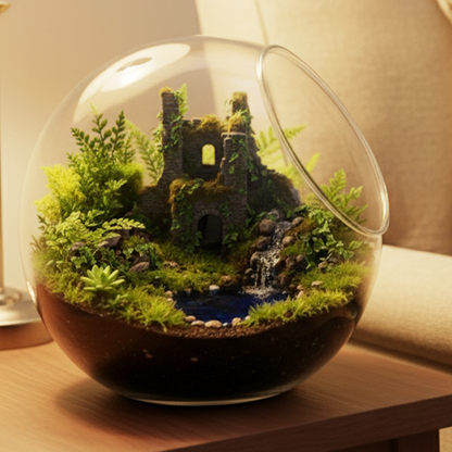 Forest Castle Terrarium Globe | Mini Ruins Ecosystem | Luxury Desktop Art Decor | Unique Gift Idea | Premium Nature Display