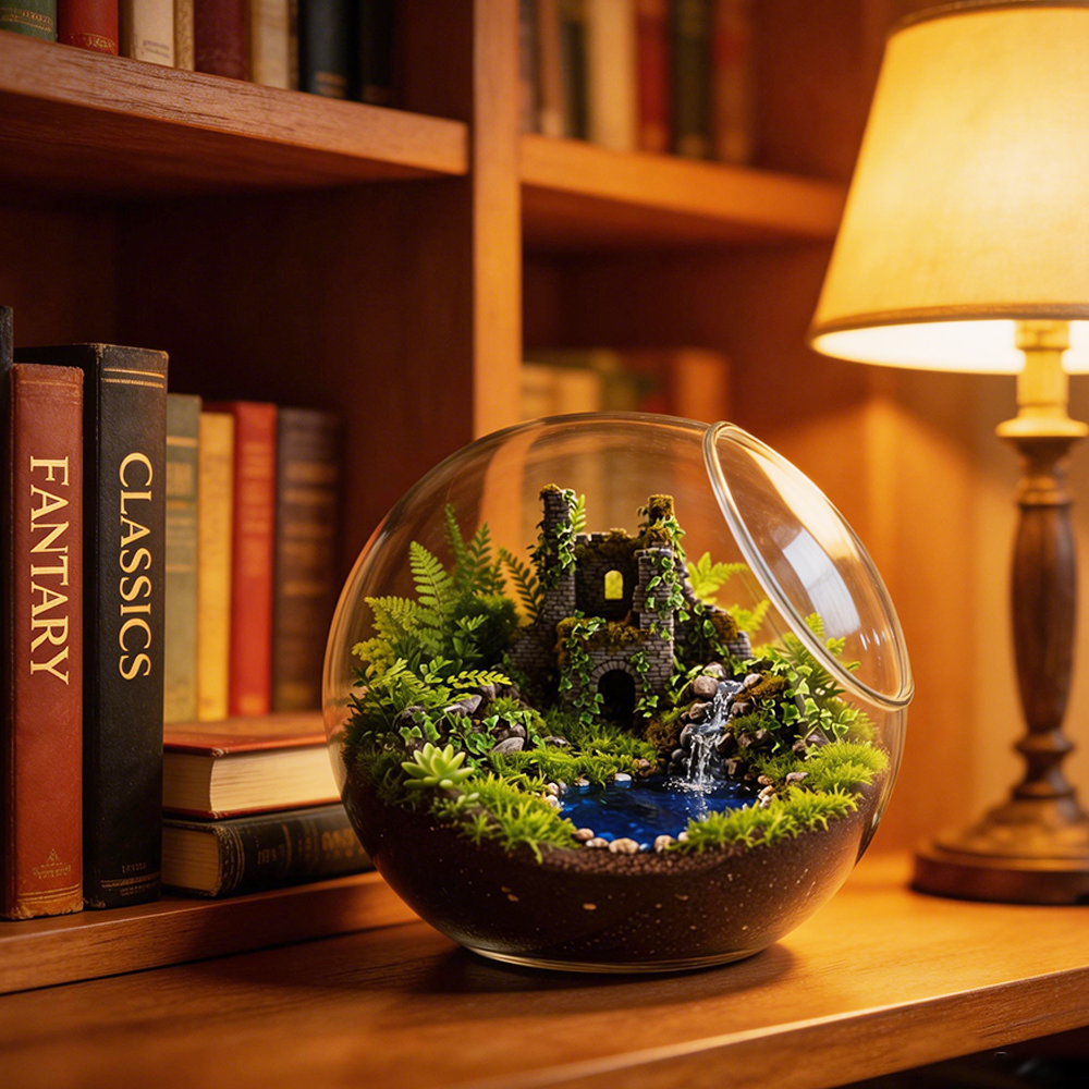 Forest Castle Terrarium Globe | Mini Ruins Ecosystem | Luxury Desktop Art Decor | Unique Gift Idea | Premium Nature Display